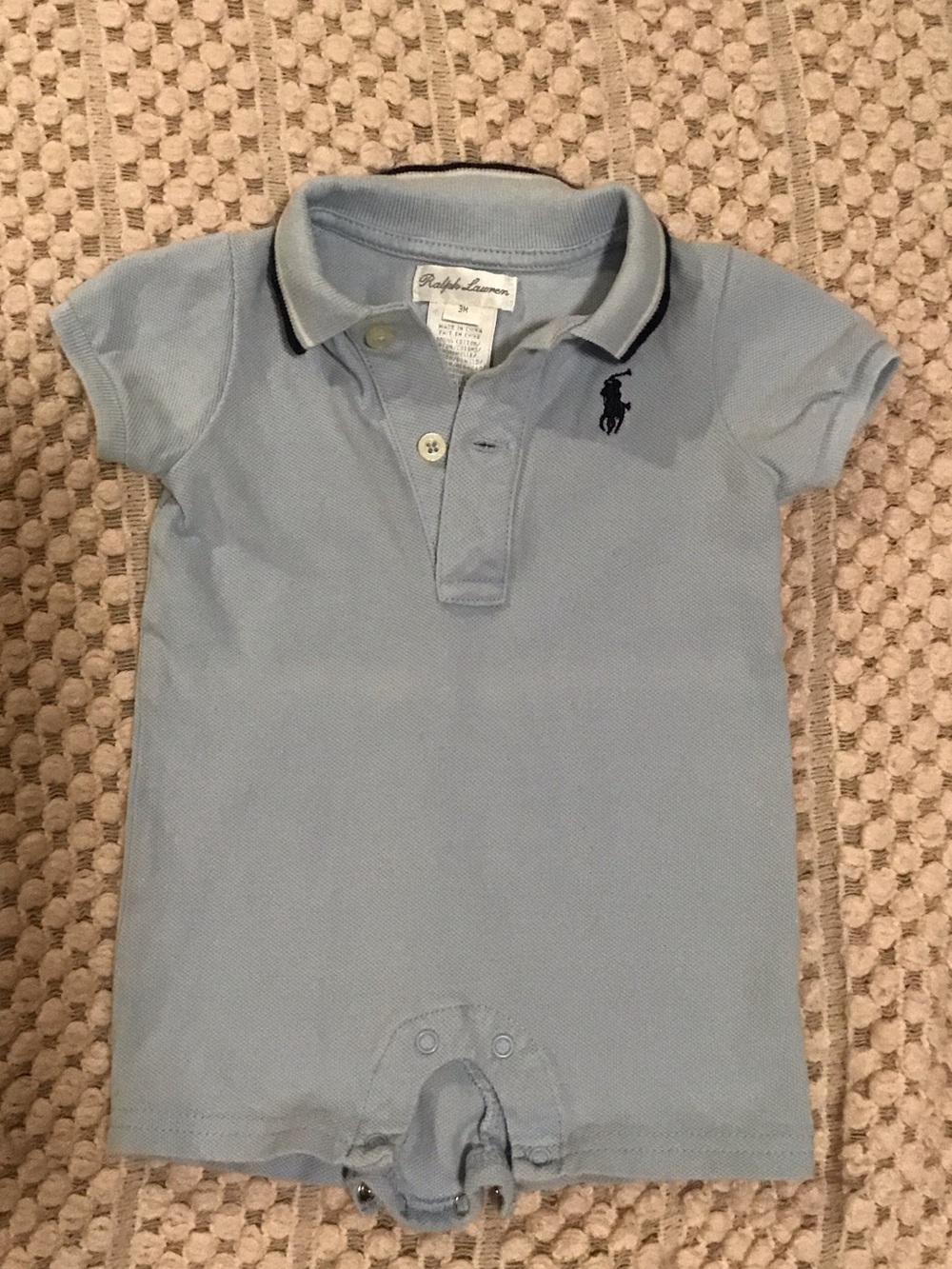 Ralph Lauren Baby Light Blue Polo Romper with Navy Logo
